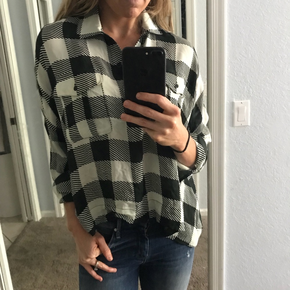 Rag and Bone black & white plaid silk top.